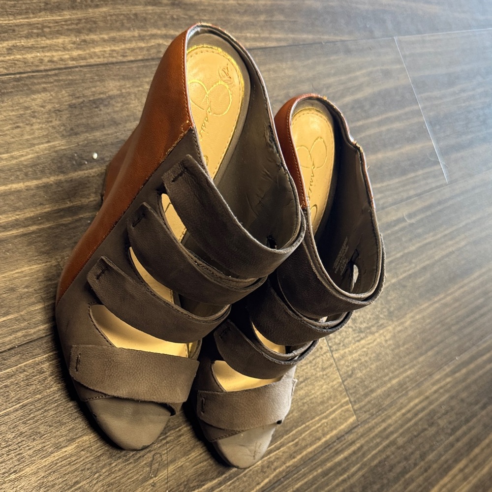 Jessica Simpson Tan and Gray Wedge Sandals